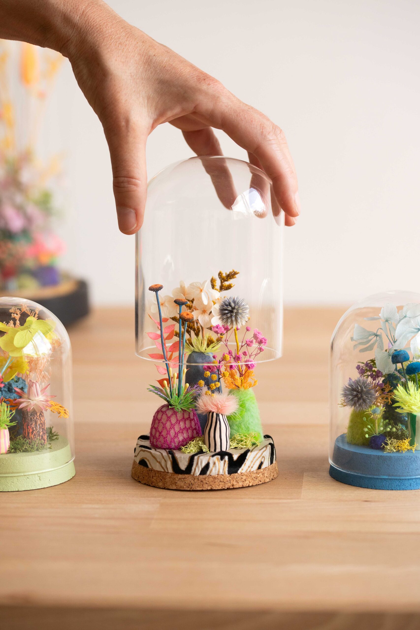 Une main soulève une cloche en verre composée de création florale